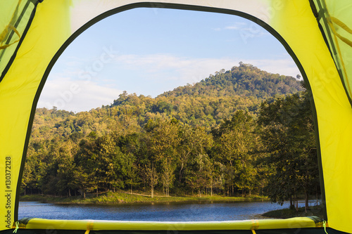 view from a touristic tent to a mountain valley