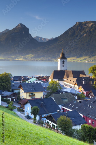 Elevated view over Parish Church and St. Wolfgang, Wolfgangsee lake, Flachgau, Salzburg, Upper Austria, Austria photo
