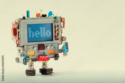 Tv robot with funny monitor computer head, electronic parts. Colorful retro  display character message hello on blue screen. Communication television  concept. gradient background, macro copy space Stock Photo | Adobe Stock