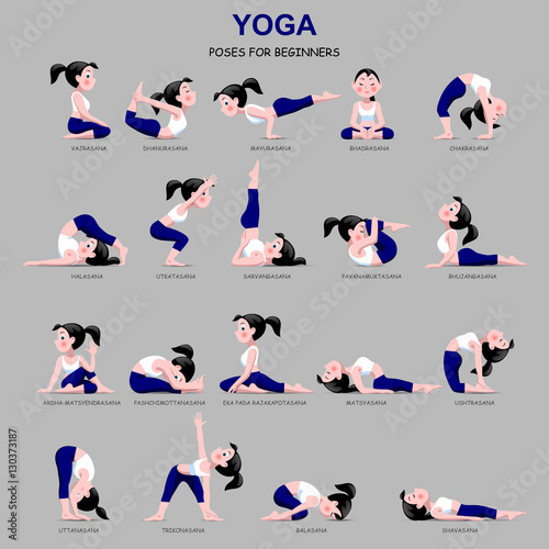 Fitness exercises with cartoon girl in blue and white suit 