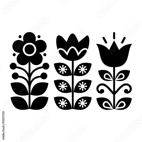 Swedish floral retro pattern - monochrome traditional folk art design 