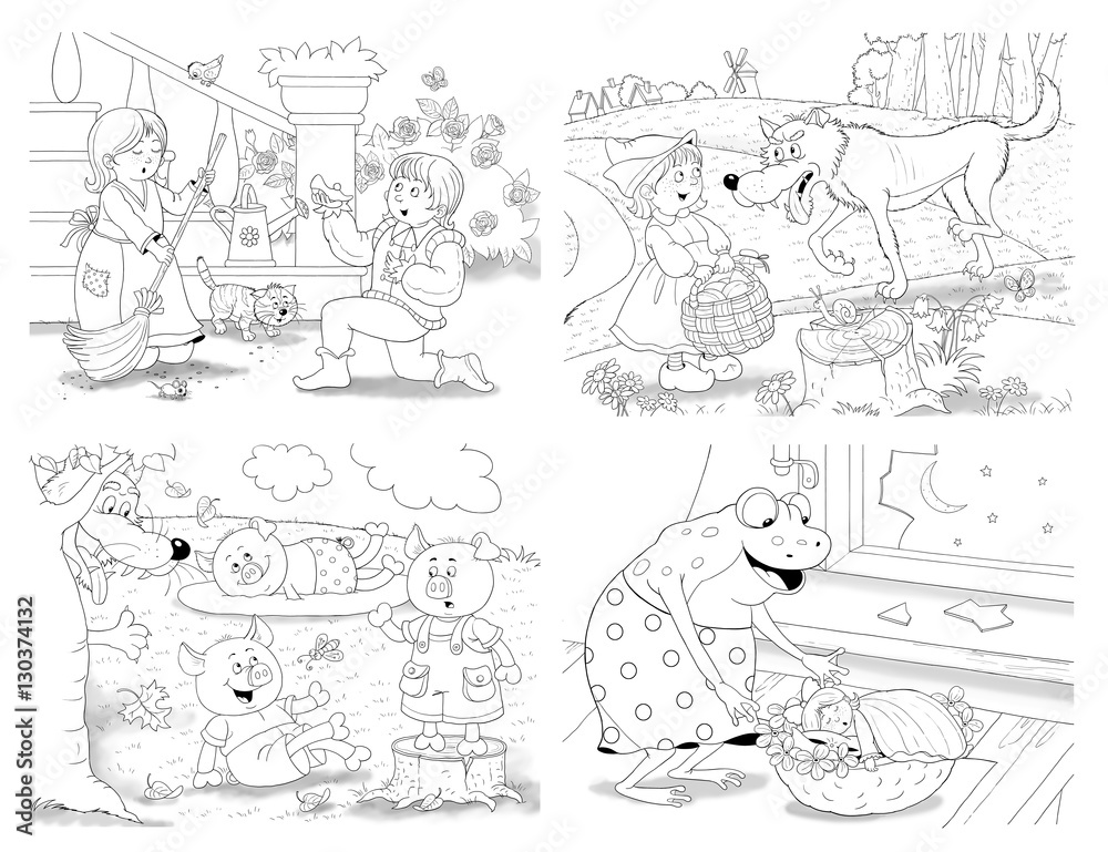 Fototapeta premium Collection of fairy tale illustrations. The frog prince. Mermaid. The Snow White and seven dwarfs. The Snow Queen