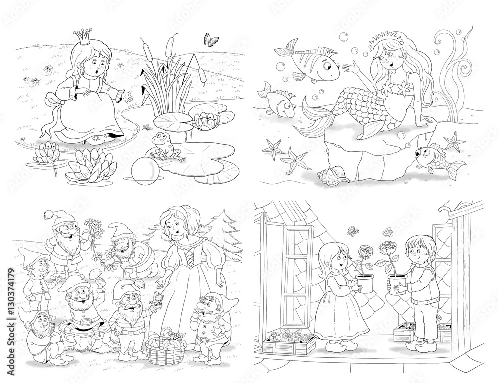 Collection of fairy tale illustrations. The frog prince. Mermaid. The Snow White and seven dwarfs. The Snow Queen