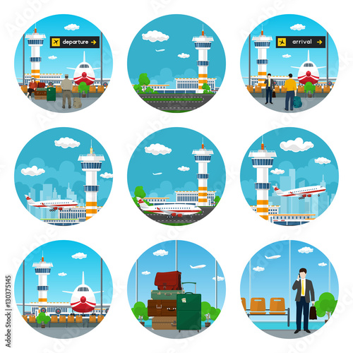 Set of Airport Icons,Waiting Room with People, Scoreboard Departures and Arrivals, Luggage Bags for Traveling,Airplane Arrives and Stands on the Runway and Fly away from Airport Terminal, Vector