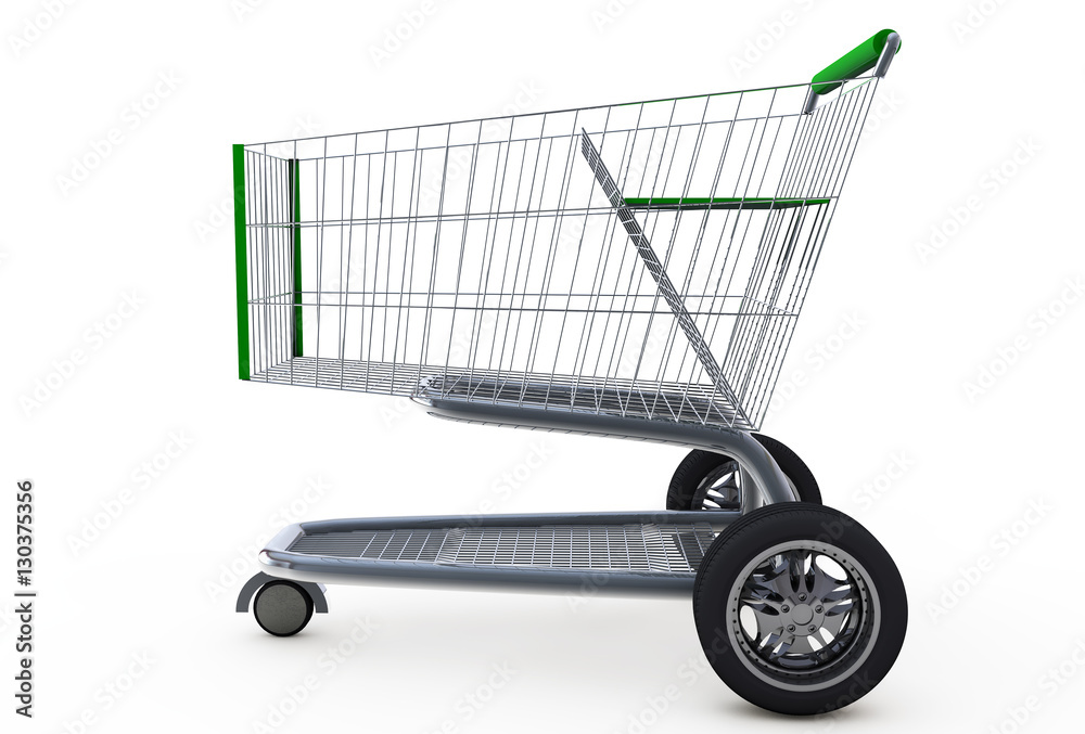 Concept. shopping cart with big car wheel isolated on white back Concept. shopping cart with big car wheel isolated on white back