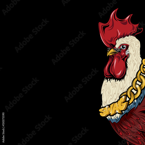 SWAG rooster with a gold chain cock. HIPSTER print. Cock modern street style attributes. Vector art. Cock head for poster. Symbol of the bad rap artist