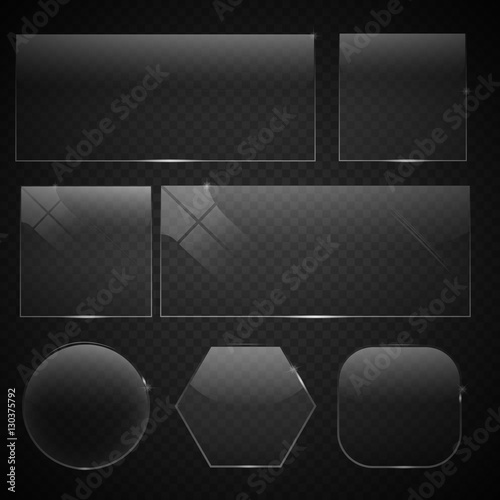 set of transparent glass on sample background. Glass square, rectangular and round buttons on checkered background. Vector illustration.