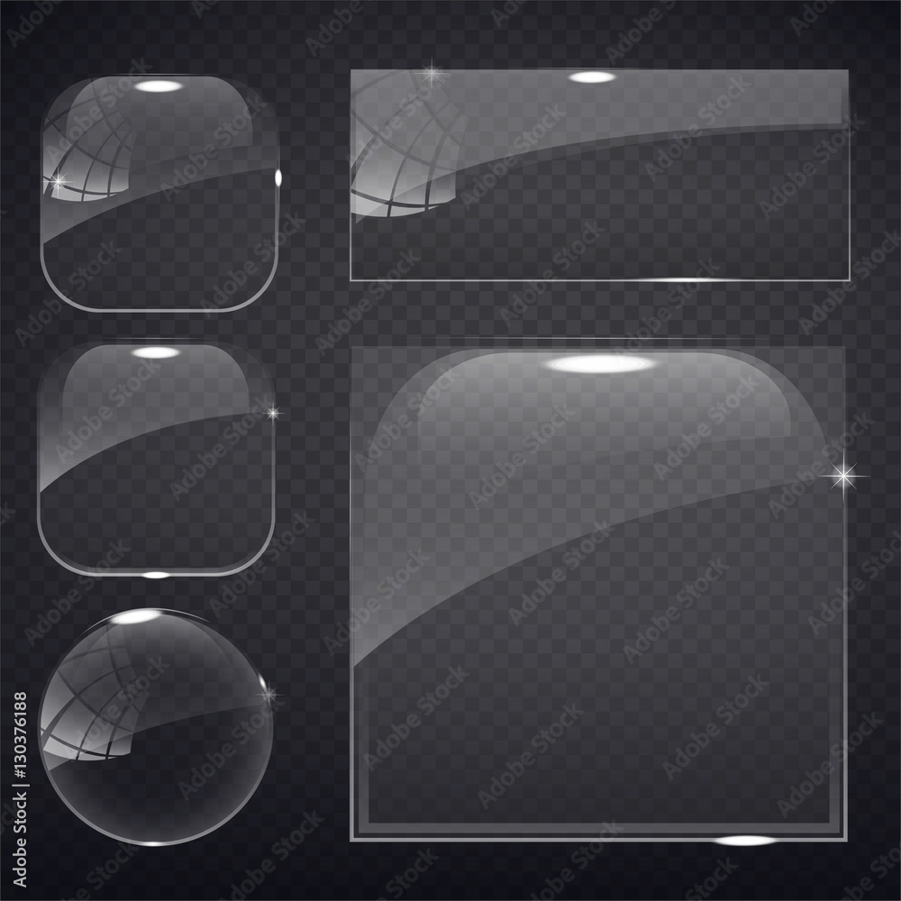 set of transparent glass on sample background. Glass framework set. Glass square, rectangular and round buttons on checkered background. Vector illustration.
