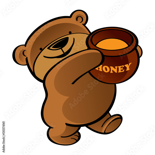 Walking funny teddy bear with honey pot
