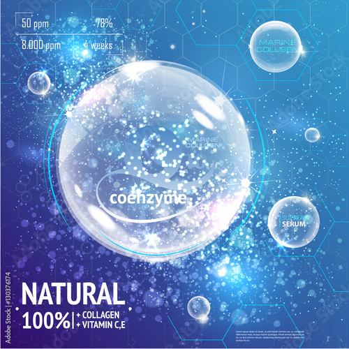 Coenzyme Q10. Cosmetic ads template. Supreme collagen oil drop essence with DNA helix. Premium shining serum droplet. Vector illustration