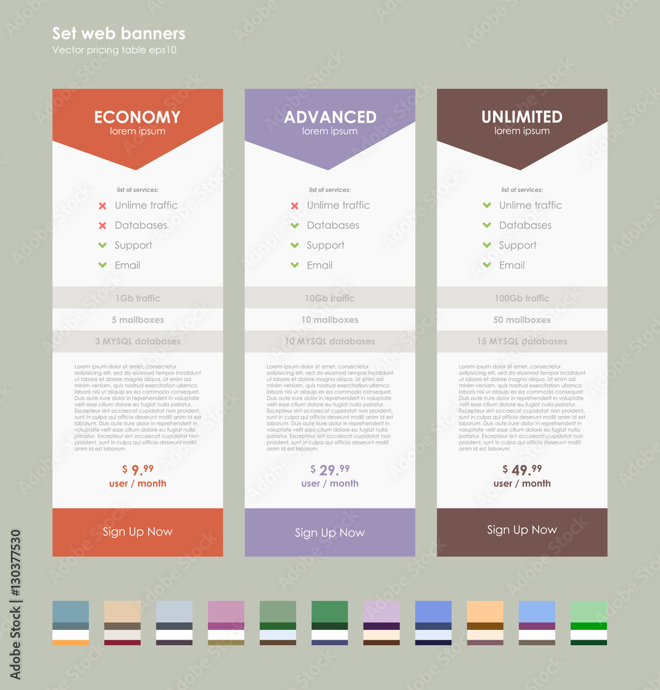 Three tariffs. interface for the site. UI UX vector banner for web app. Set tariffs. interface for the site. Pricing table, banner, order, box, button, list with plan for website.