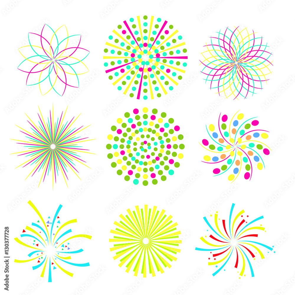 Festive patterned firework bursting in various shapes. Party and holiday event firework icon flat set isolated vector illustration