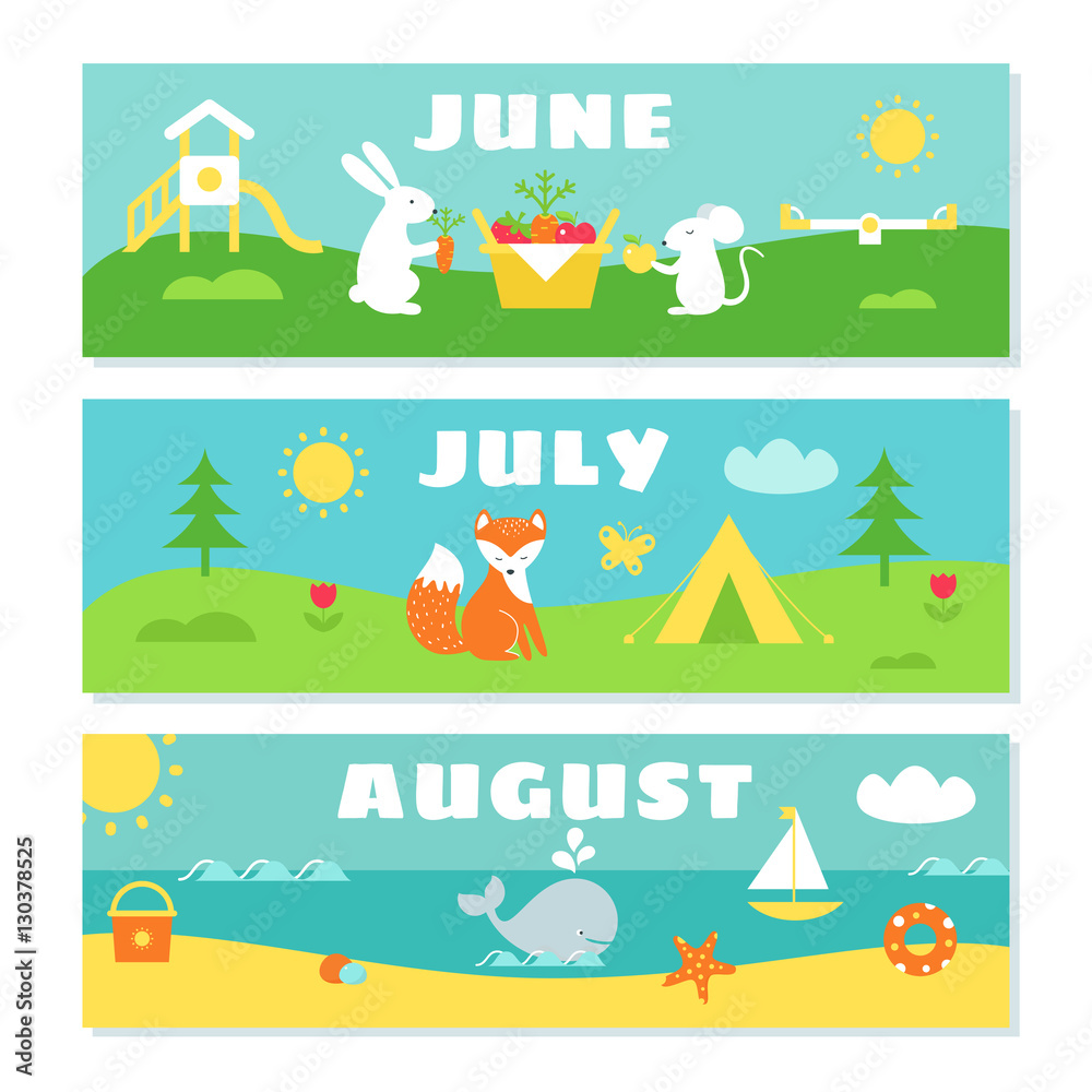 Summer Months Calendar Flashcards Set. Nature, Holidays and Symbols Illustrations Stock Vector 