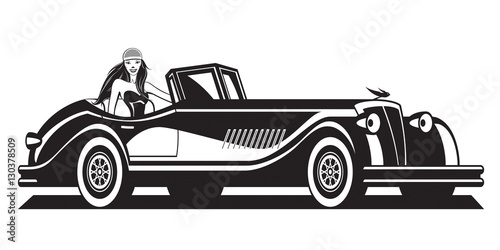 Fashion model and classic car - vector illustration