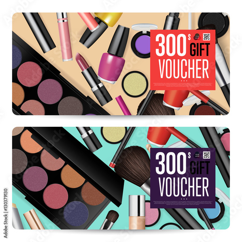 Cosmetics gift voucher template. Gift coupon with fashion makeup accessories and prepaid sum. Makeup brush, powder, lipstick, pencil, polish vectors. Special exclusive offer for cosmetics product sale