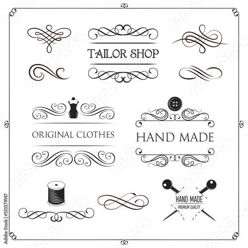 Set of vintage monochrome tailor tools and emblems. Designer toolkit. Perfect for logo, label, emblems and other signs