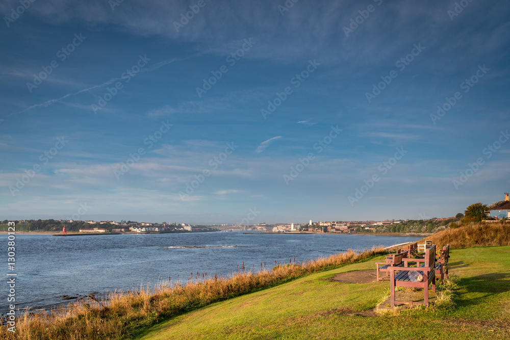 River Tyne Estuary, at the mouth of the River Tyne which is located between South Shields and Tynemouth, where it enters the North Sea, seen here looking upstream to North Shields