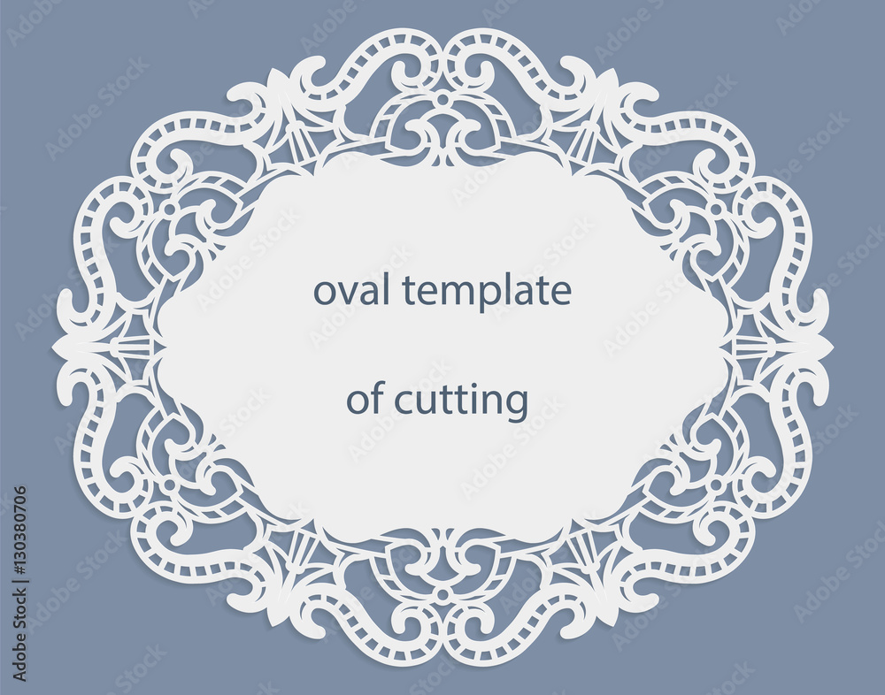 Greeting card with openwork oval border, paper doily under the cake, template for cutting, wedding invitation, decorative plate is laser cut, frame with lace edge, vector illustrations. Greeting card with openwork oval border, paper doily under the cake, template for cutting, wedding invitation, decorative plate is laser cut, frame with lace edge, vector illustrations.