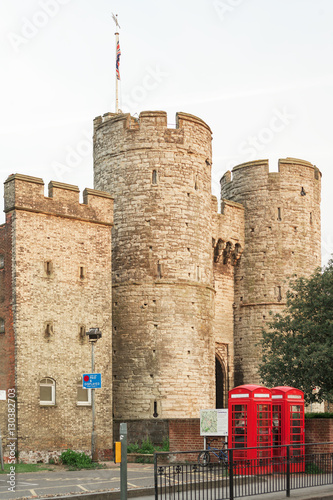 Westgate with twins british red phone booth. Canterbury, Kent, U photo