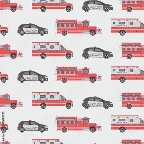 Seamless pattern of the fire engine, ambulance and police