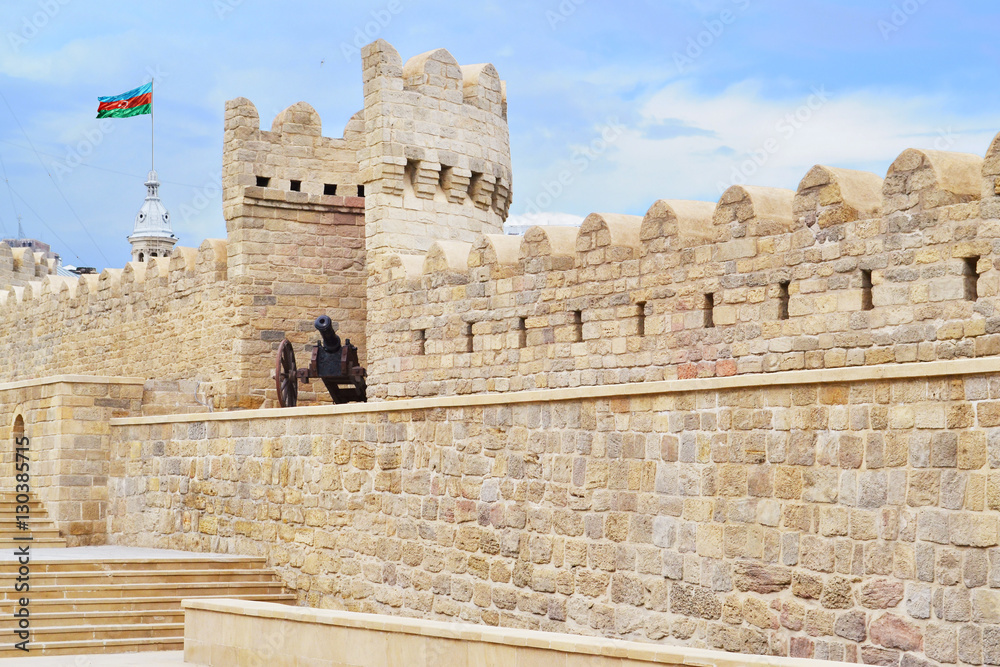 Vintage cannon on the fortress wall of Old City Baku