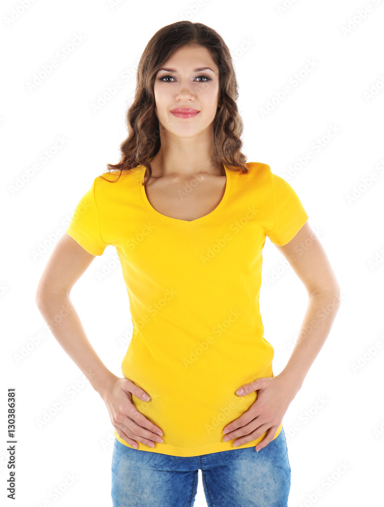 Young woman in blank yellow t-shirt on white background Young woman in blank yellow t-shirt on white background