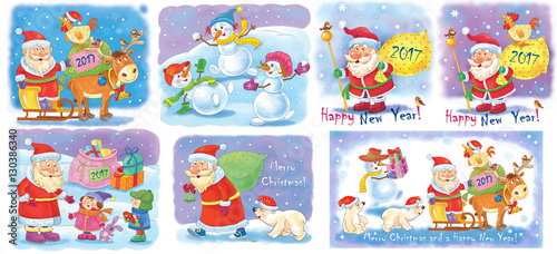 Set of Christmas greeting cards. Cute Santa, snowmen, rooster, white bears. Illustration for children