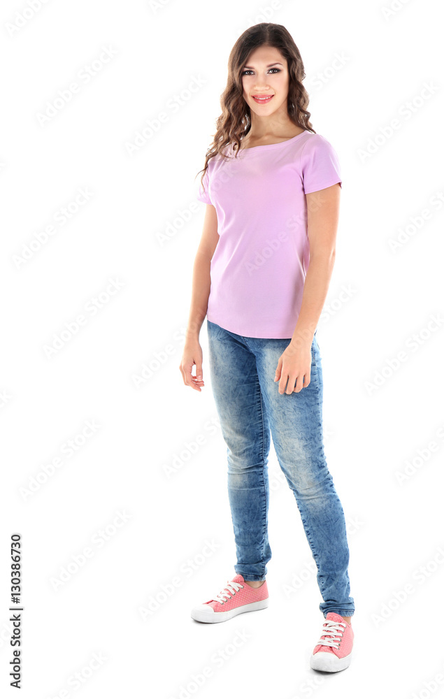 Obraz premium Young woman in blank color t-shirt on white background