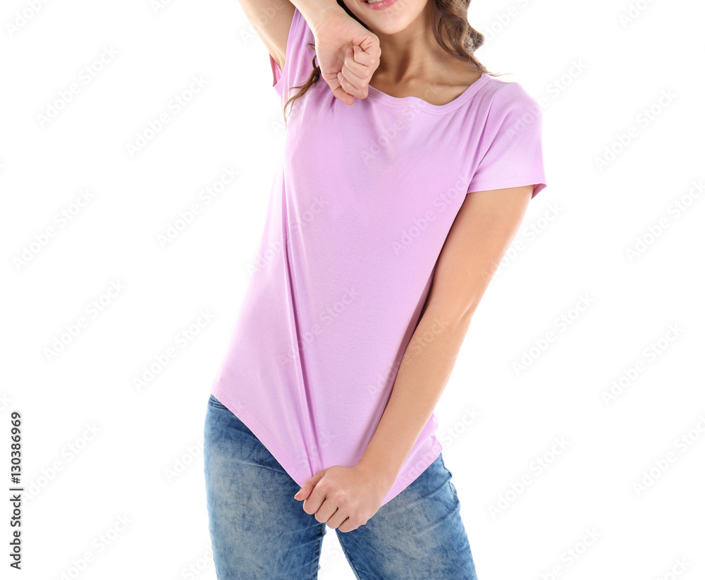 Fototapeta premium Young woman in blank color t-shirt on white background, close up