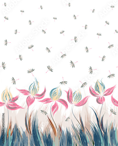 Seamless pattern with floral ornament, irises in a grunge style on white background.
