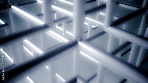 Grey abstract background with blue cubic lattice, 3d illustratio