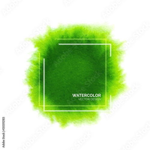 Abstract green watercolor background with square frame, hand drawn watercolour stain, bright vector splash for design