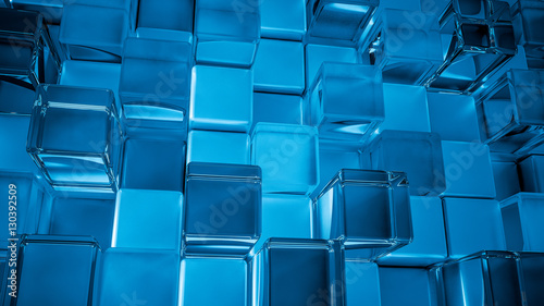 Azure background with cubes of glossy plastic and blue glasses,
