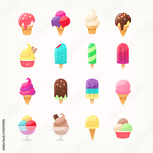 Set of colorful delicious ice cream icons. Ice cones popsicles and ice cream in cups. Kids favourite dairy products