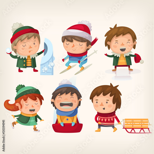 Children playing winter games and doing winter sports.