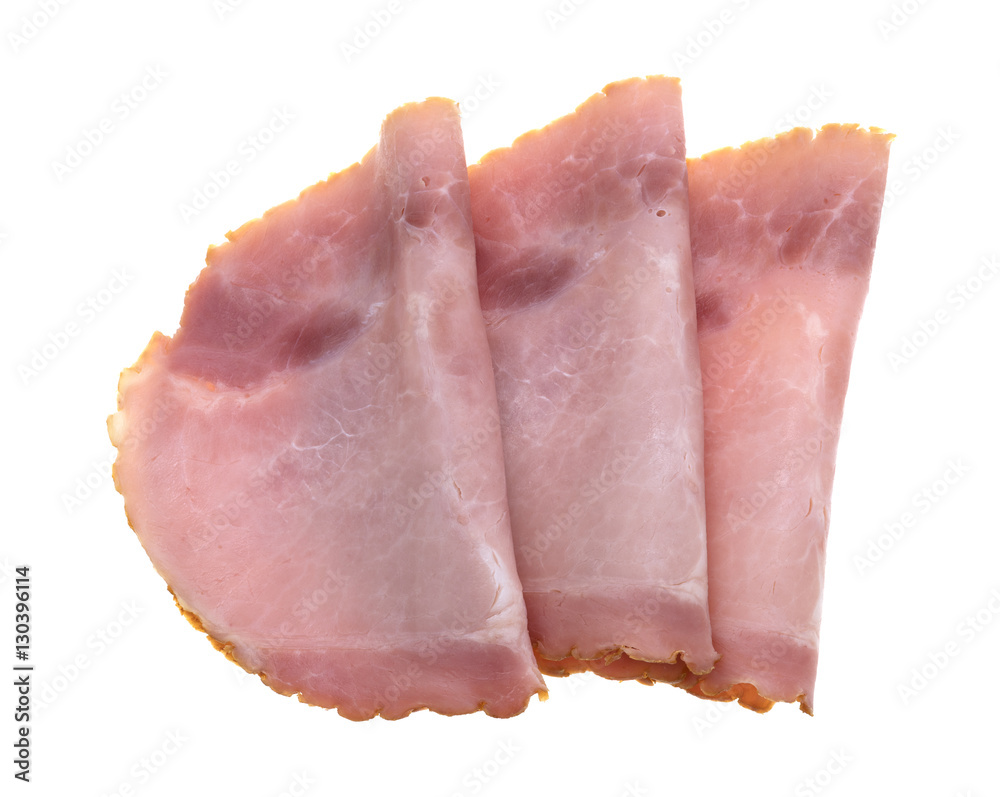 Slices of applewood smoked ham on a white background.