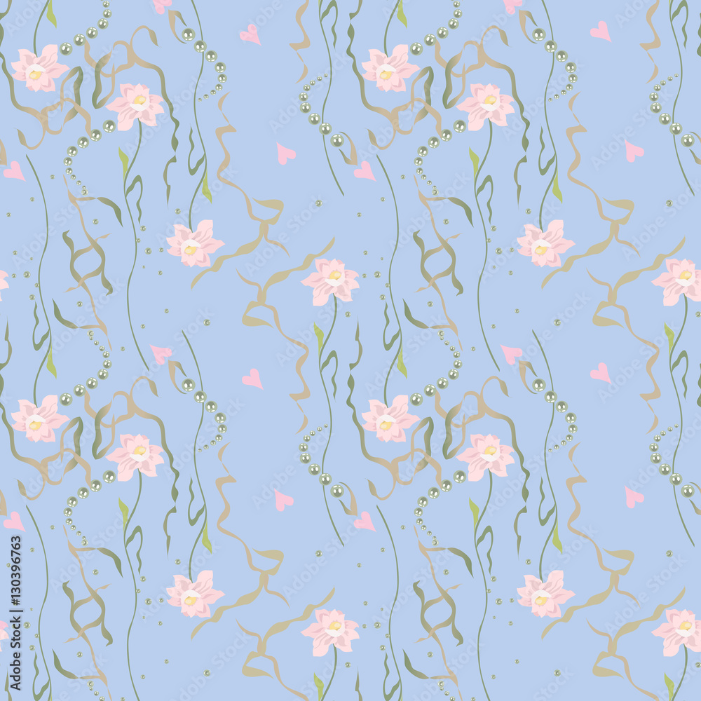 Water lily, pink lotus flowers leaves and pads seamless pattern.