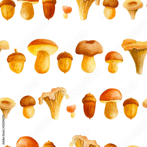 Seamless pattern with mushrooms. Colorful illustration. Watercolor handpainted texture on white background for wallpaper, blogs, cover photo