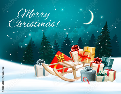 Christmas background with presents on a sleigh. Vector illustrat