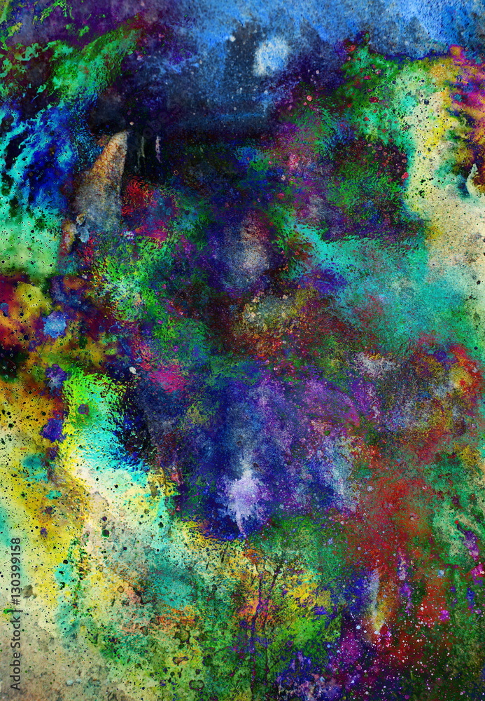 Obraz premium Watercolor abstract painting and computer collage. Color background with spots.
