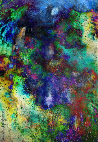Watercolor abstract painting and computer collage. Color background with spots.