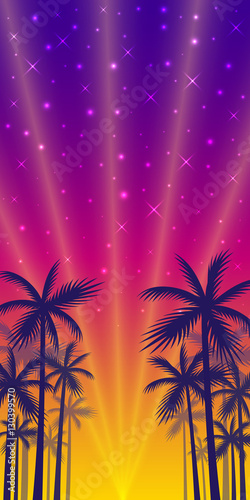 Poster with the shadows of palm trees of yellow-red sunset background.