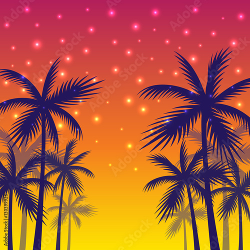 Poster with the shadows of palm trees of yellow-red sunset background.
