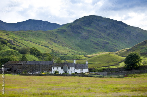 Fell Foot Farm in Little Langdale Valley at Langdale Pass surrounded by Langdale Pikes in the Lake District National Park, Cumbria, UK