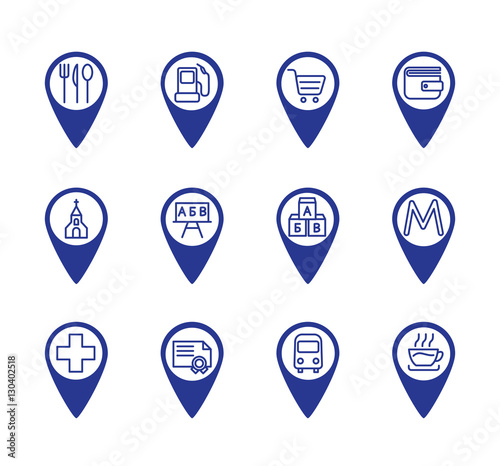 Map location markers, pointers vector simple icons set. Cafe, metro, bus stop, refill, grocery store, bank, church, school, Kindergarten, university, pharmacy