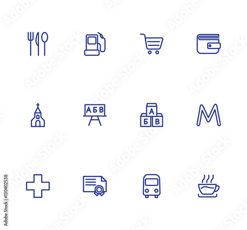 Map location markers, pointers vector simple icons set. Cafe, restaurant, metro, bus stop, refill, grocery store, bank, church, school, Kindergarten, university, pharmacy