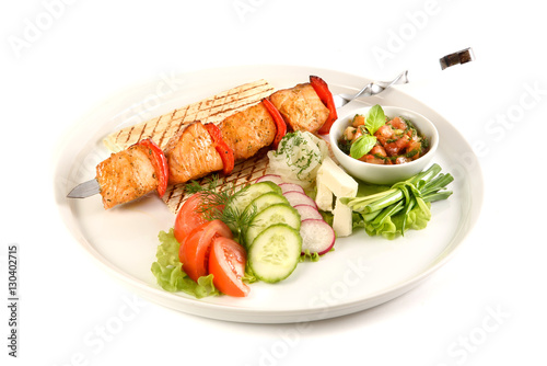 Salmon grill and vegetable isolated on white background, barbecue .