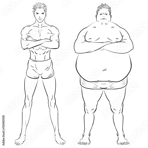 two different men, fat, skinny and muscular Hand drawn doodle vector