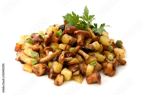 Photography Fried mushrooms with potatoes and herbs on white background