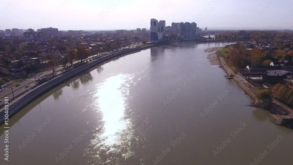 Aerial shot of the russian south city - Krasnodar. The river Kuban. 4K Aerial shot of the russian south city - Krasnodar. The river Kuban. 4K